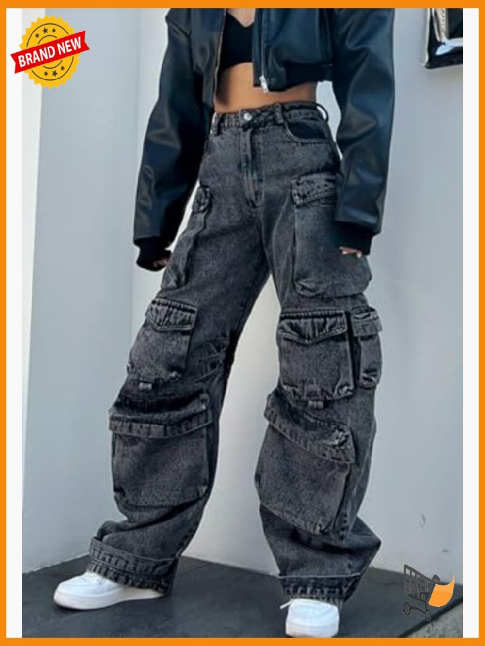 High Waisted Baggy Cargo Jeans Women Y2K Straight Wide Leg Streetwear Pants - Picture 2 of 7